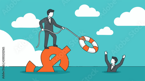 Businessman offering financial rescue and support to a drowning colleague