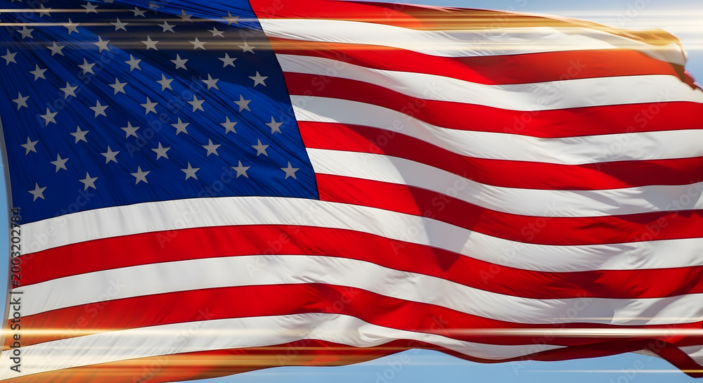 Obraz premium United states flag rippling with dynamic light streaks across blue sky for patriotism.