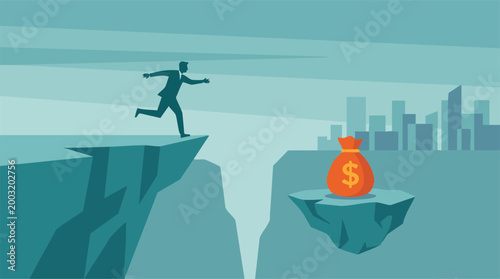 Businessman running towards money bag across chasm, financial risk and reward