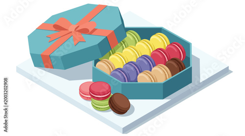 A delightful illustration showcasing a beautiful gift box filled with an assortment of colorful macarons, perfect for dessert lovers and gift ideas. Ideal for culinary art and food themes.