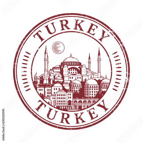 turkish cityscape stamp with red ink on white background