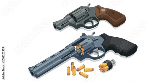 A detailed graphic depicting two revolver handguns alongside bullet casings, showcasing the intricacies of firearm design and the world of weaponry.