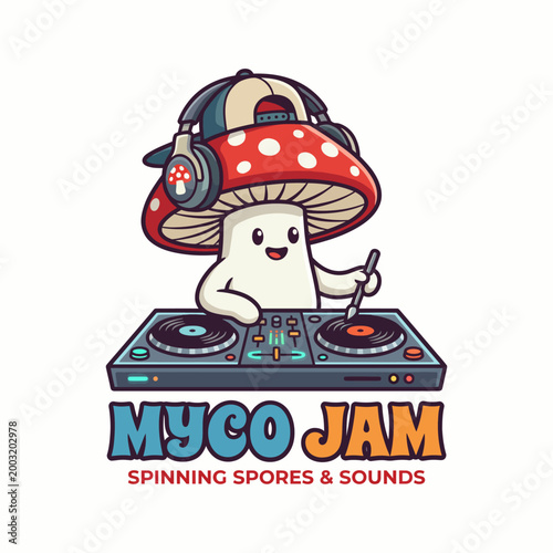 A whimsical illustration of a cheerful mushroom DJ spinning records with headphones, blending music and fun in a vibrant scene with a playful vibe.