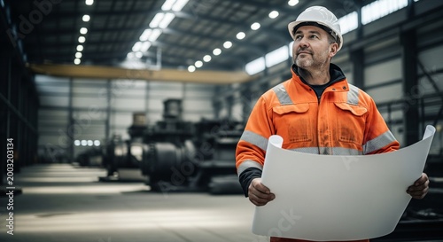 Male Engineer in Hard Hat and Safety Vest Holds Blueprints in a Large Industrial Warehouse