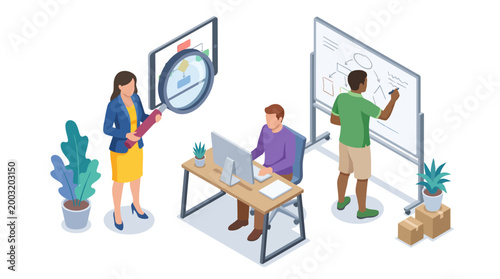 A diverse group of professionals collaborating in an office setting utilizing visual aids and digital tools to foster creativity and teamwork for project development.