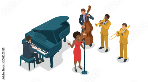 A jazz band performs live on stage, with musicians playing various instruments, showcasing vibrant energy and the essence of live music and talent behind memorable performances.
