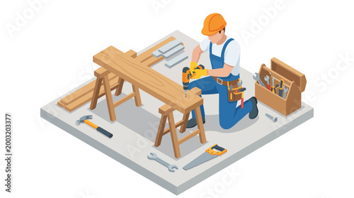A skilled carpenter working diligently on a wooden structure, showcasing craftsmanship, tools, and construction site dynamics, ideal for construction-related themes.