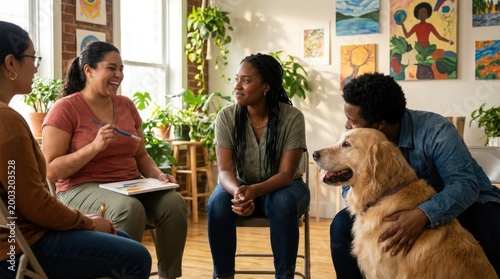 Adult group participating in therapy session, diverse person smiling during creative art activity, comfort pet present, wellness program promoting mental health and emotional well-being.