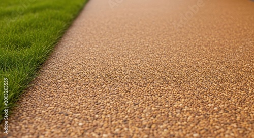 Ochre colored resin bound aggregate pathway with visible gravel texture and green grass edge