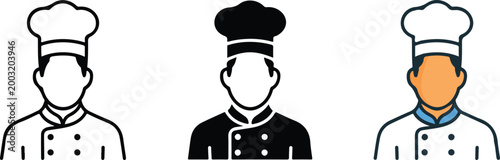 Professional male chef avatar icons set in outline silhouette and flat color styles for restaurant culinary and bakery branding.