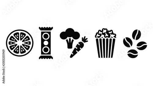 Nutrition and healthy lifestyle icon set, minimalist black silhouette vector illustration with fruit slices, granola, vegetables, popcorn, and trail mix for wellness branding, diet plans, and health.