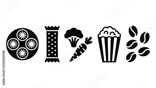 Nutrition and healthy lifestyle icon set, minimalist black silhouette vector illustration with fruit slices, granola, vegetables, popcorn, and trail mix for wellness branding, diet plans, and health.