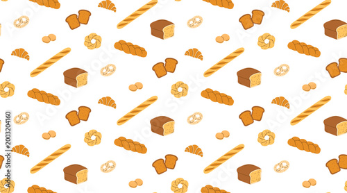Seamless bakery pattern with bread croissant baguette and pastry assortment repeat design for food packaging kitchen textile and cafe branding