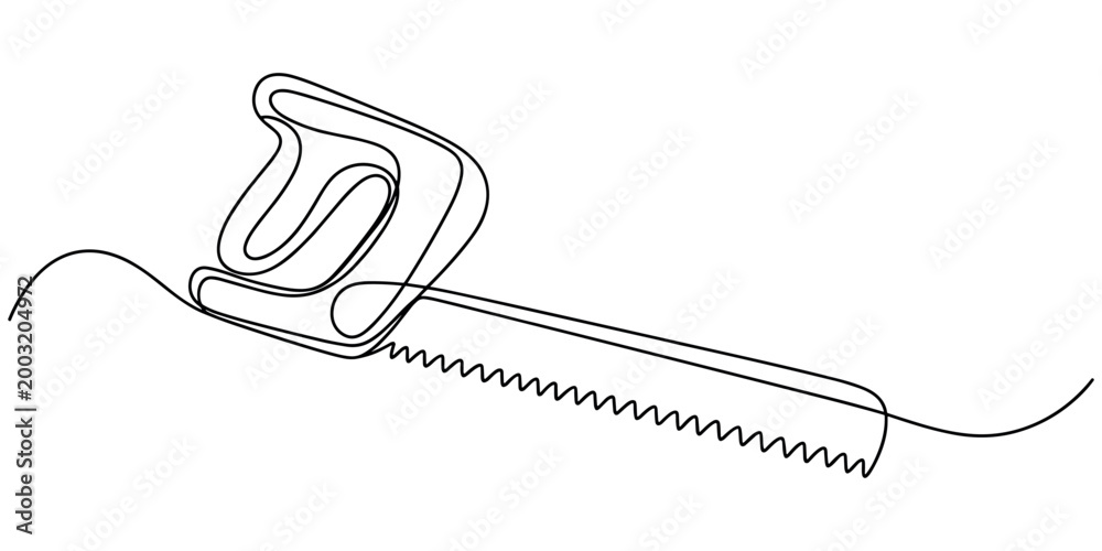 Fototapeta premium Continuous line of a hacksaw on white background one line black and white carpentry tool wood saw