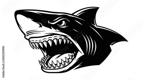 Aggressive Shark Head Biting with Sharp Teeth, Black and White Illustration