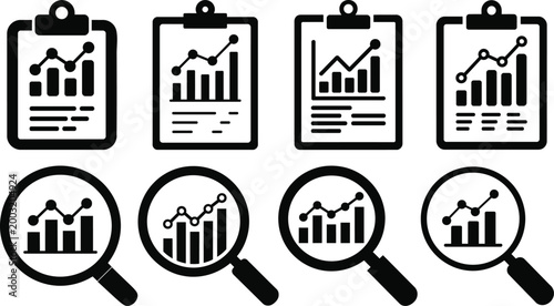 Collection of graphic icons representing financial reports and data analysis with charts and magnifying glasses