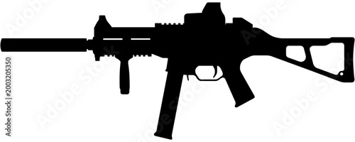 UMP Submachine Gun Silhouette with Attachments Vector Illustration