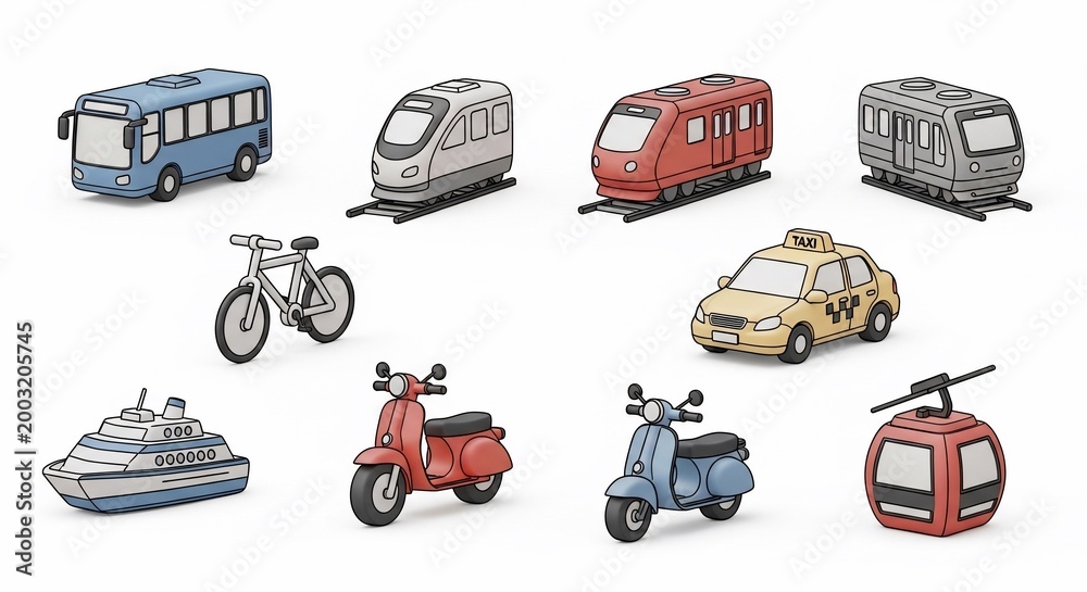 flat design vector set of various urban public transport vehicles and bikes
