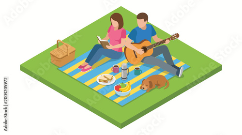 A serene outdoor picnic scene featuring a couple, where one reads a book while the other plays the guitar, accompanied by a picnic basket and a playful dog.