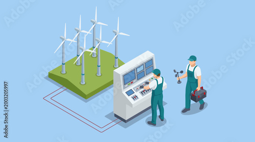 An illustration depicting workers monitoring wind energy equipment, highlighting a sustainable energy future with technology's role in environmental conservation and resource management.