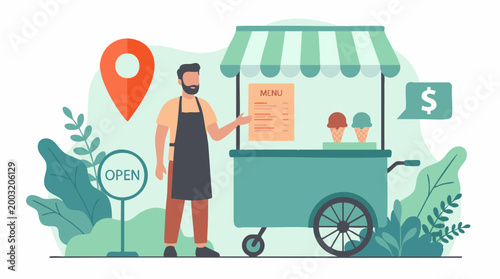 Vászonkép Street vendor selling ice cream from a food cart with menu and open sign