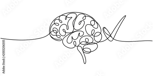 Single line of a human brain with internal swirls and a checkmark symbol single line continuous line