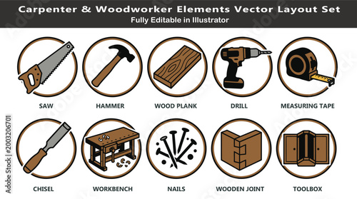 Carpentry occupation vector icons set, top view woodworking symbols, saw, hammer, drill, measuring tape, chisel, toolbox flat design