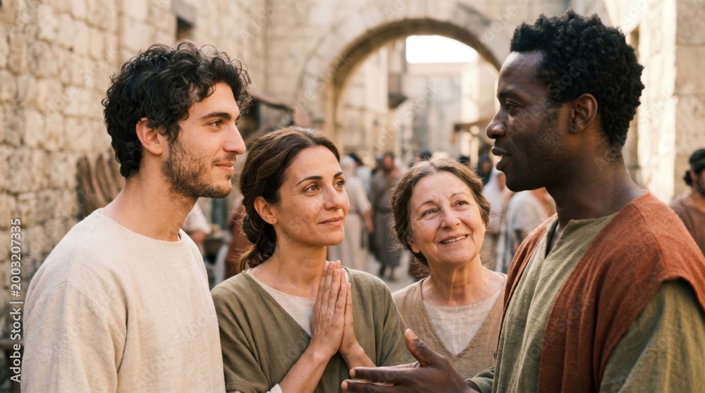 Obraz premium Apostle preaching to early Christians in ancient Antioch. Group of man and woman listening to biblical teacher during Acts of the Apostles. Biblical scene of evangelism and faith.