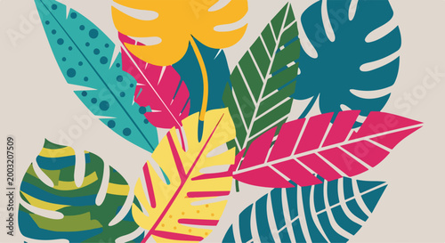A vibrant arrangement of colorful tropical leaves