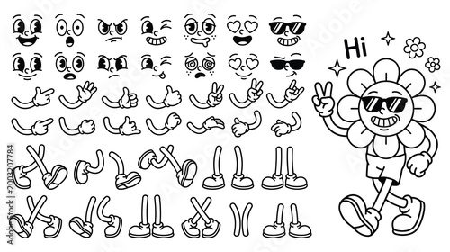 Retro cartoon character builder kit with flower mascot and gestures.