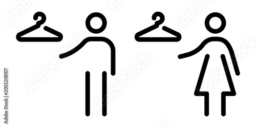 Mens and womens changing room icons in hanger shape with gender symbols. Minimal line vector signage isolated for locker rooms, public facilities and navigation.