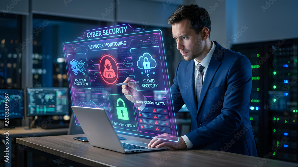 Fototapeta premium IT Professional Using Futuristic Interface for Enterprise Data Protection