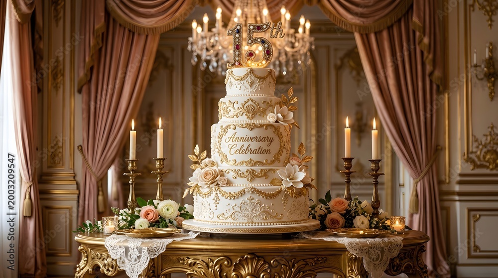 Obraz premium Elegant 15th anniversary cake with gold ornate decorations in a luxurious ballroom setting