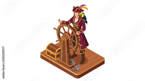 An illustrated pirate captain at the helm of a ship, embodying adventure, leadership, and camaraderie, with a parrot adding a touch of whimsy to the scene.