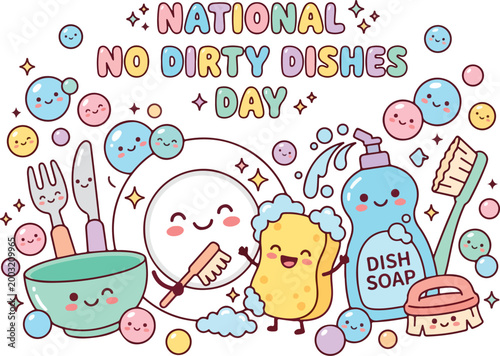 Cartoon dish soap sponge and bottle National No Dirty Dishes Day