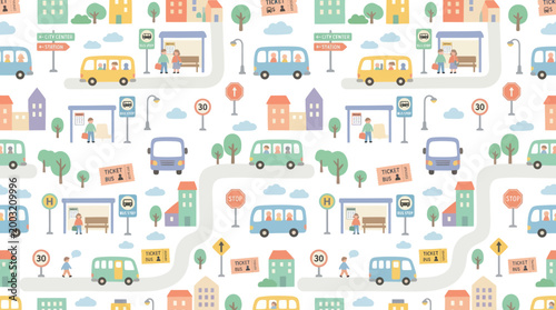 Seamless pattern with buses, bus stops, city buildings, and traffic signs