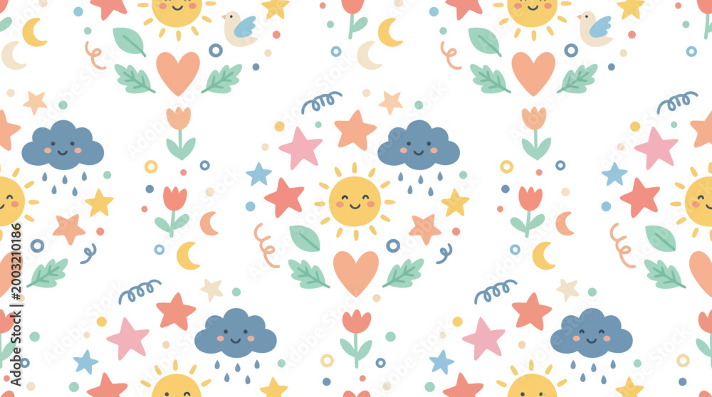 Naklejka premium Cute Sky Elements Seamless Pattern - Sun, Clouds, Stars, Hearts, Flowers