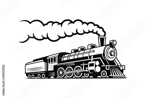 Moving retro steam locomotive, vintage train emblem symbol vector illustration, detailed classic railway engine in retro style, dynamic motion concept for transport branding, posters, badges.