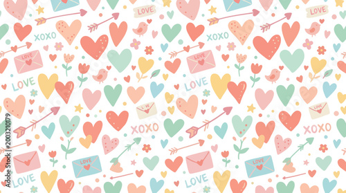 Valentine's Day seamless pattern with hearts, arrows, birds, and envelopes