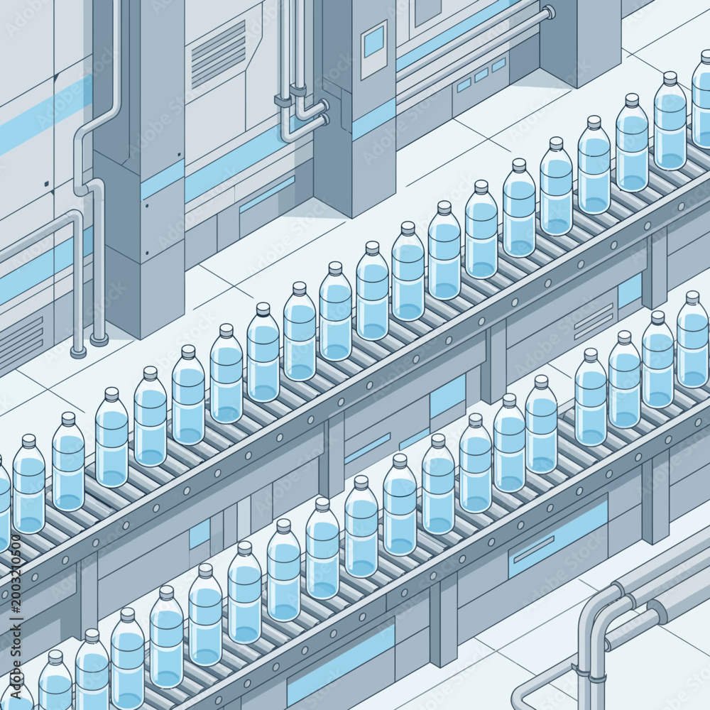 Fototapeta premium Automated Water Bottling Plant with Isometric Conveyor Belts and Plastic Bottles in a Modern Industrial Factory Illustration