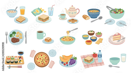 Vector Flat Style Food Icons: Breakfast, Lunch, Dinner, and Dessert