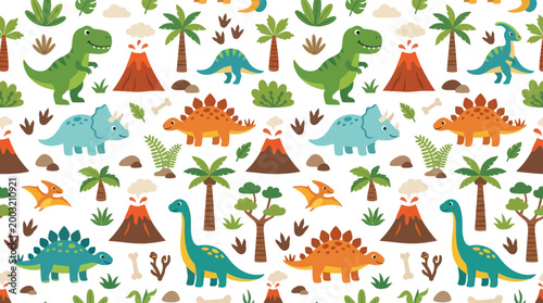 Cute Dinosaur Pattern, Vector, Cartoon, Childrens Illustration