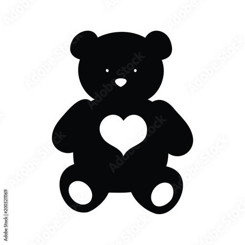 Black and white teddy bear with heart silhouette vector illustration, teddy bear holding heart silhouette vector illustration