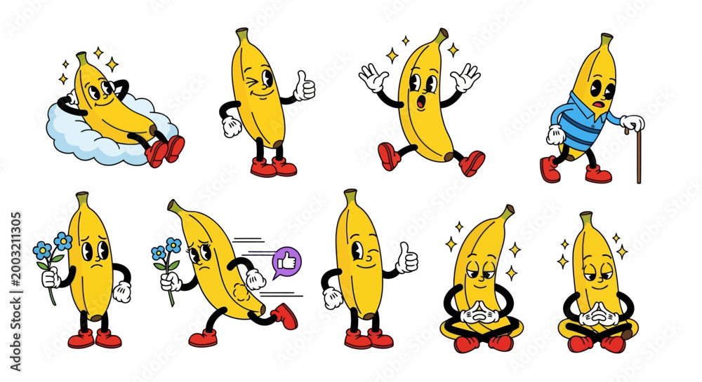 Obraz premium Cute banana characters, cartoon fruit illustrations, funny emoticon faces, vector emoticons set