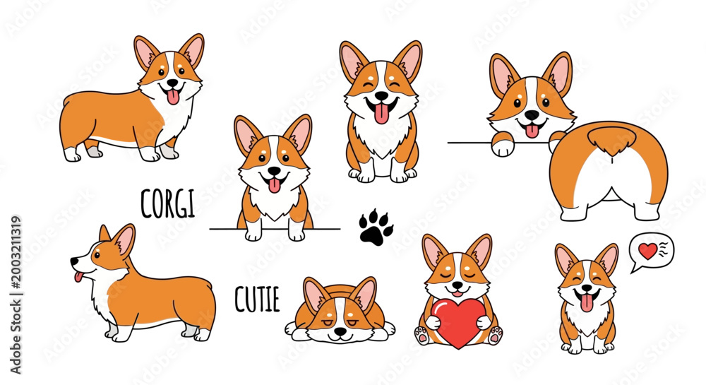 Fototapeta premium Corgi stickers, cute dog illustrations, corgi characters, cartoon pets, sticker set