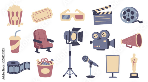 Flat Vector Cinema and Film Industry Icons Set with Movie Elements and Entertainment Symbols
