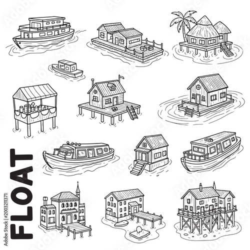 Floating houses and watercraft architectural sketches set.