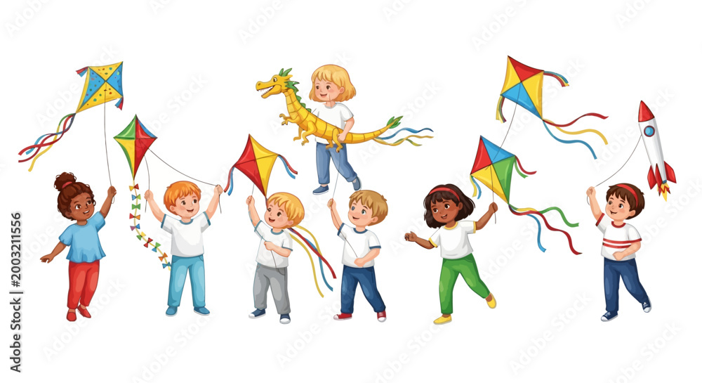 Fototapeta premium Colorful children, kids flying kites, playful illustrations, vector set, fun outdoor activities, kids' entertainment