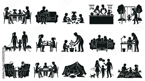 Black  White Glyph Family Activities Set - Stock Vector Art