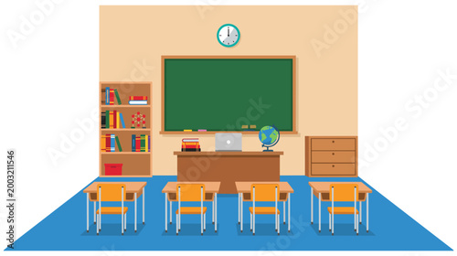 Empty school classroom interior with chalkboard teacher desk and seats.